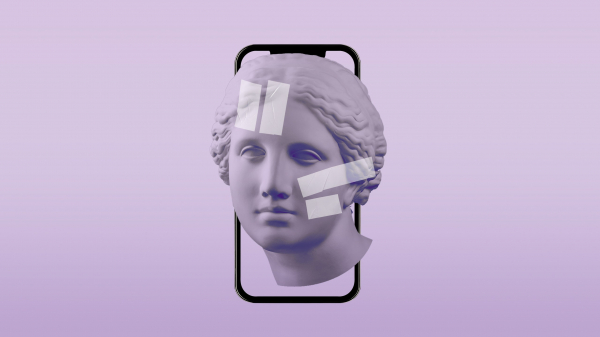greek marble bust with tape on it on a lavender background