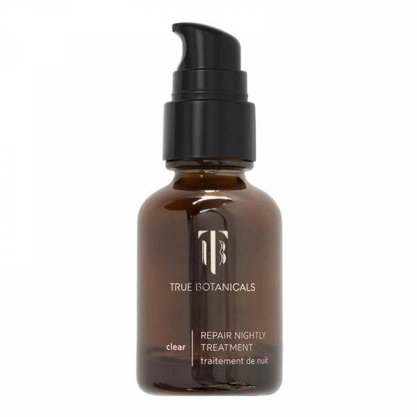 A brown vial of the True Botanicals Clear Repair Nightly Treatment on a white background