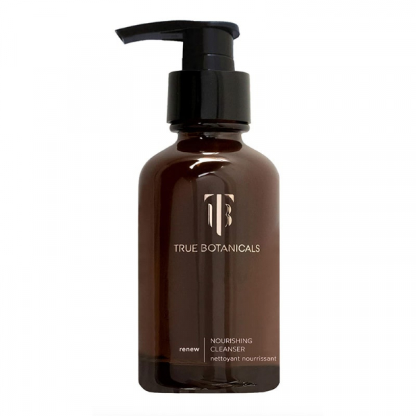 A large brown pump bottle of the True Botanicals Renew Nourishing Cleanser on  white background